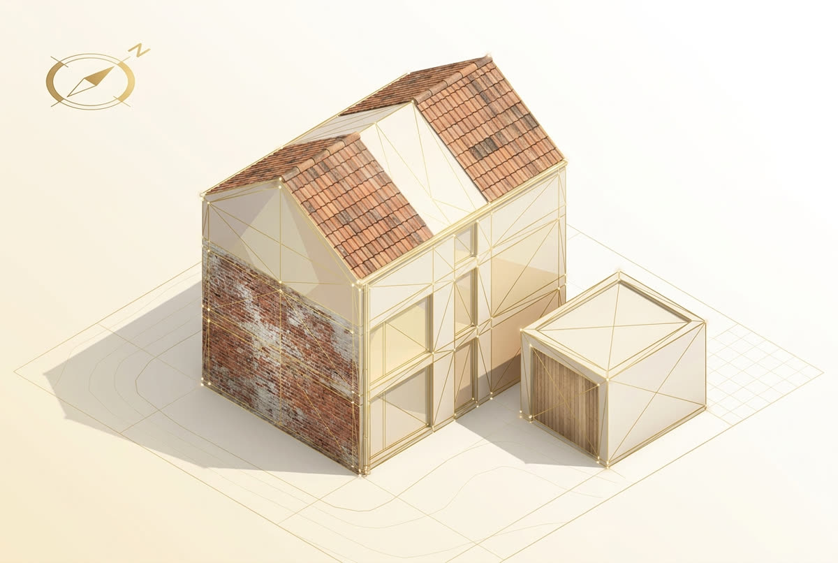 Schematische Darstellung eines texturierten 3D-Gebäudemodells aus Drohnen-Photogrammetrie