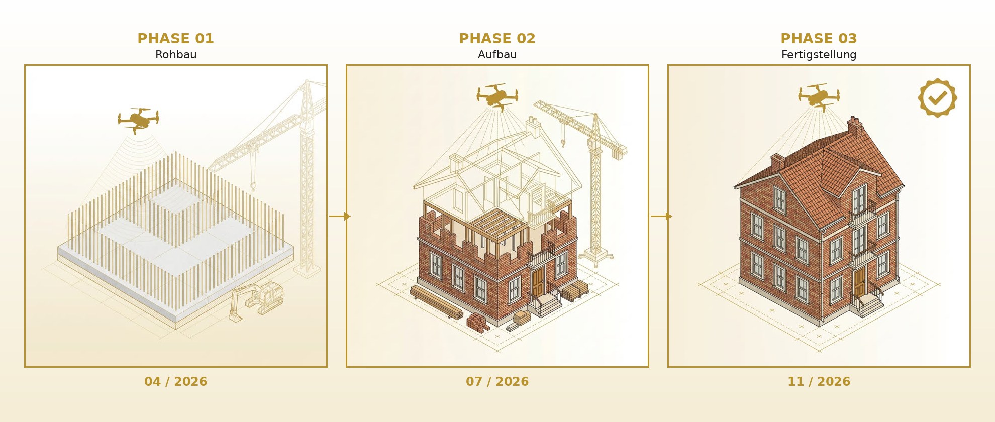 Triptychon der drei Bauphasen Rohbau, Aufbau und Fertigstellung — regelmäßige Baudokumentation per Drohne in Hamburg