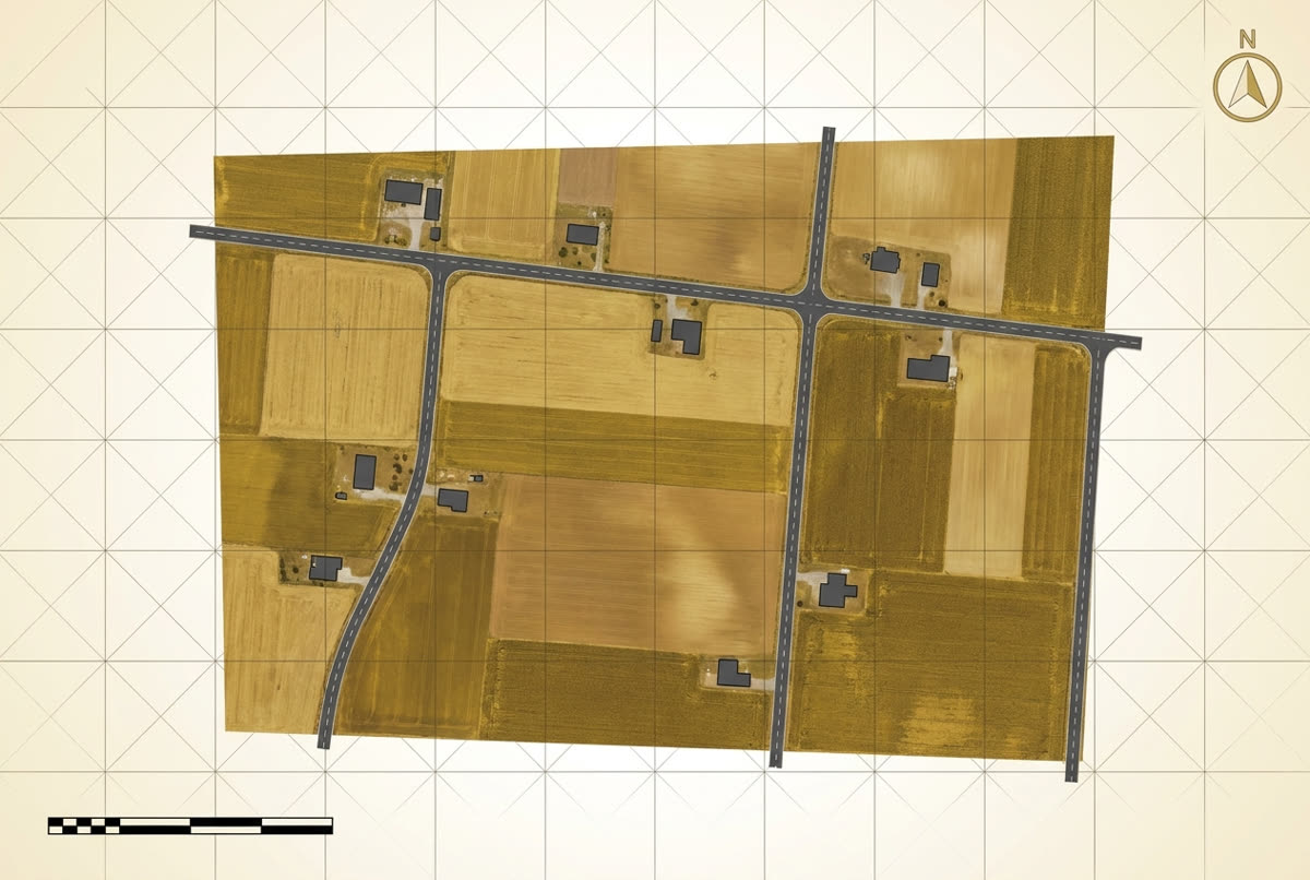 Schematische Darstellung eines georeferenzierten Orthofotos großflächiger Areale aus Drohnenbefliegung