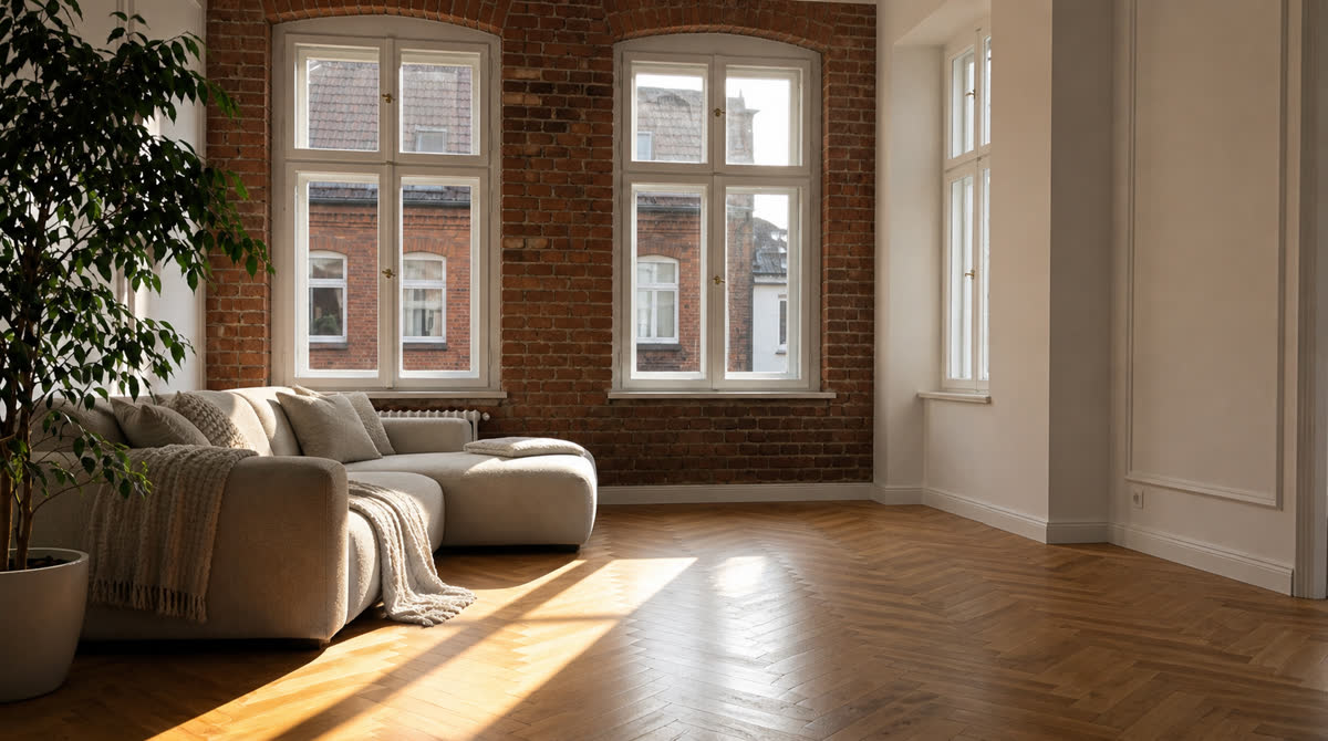 Hamburger Loft-Wohnzimmer mit Backsteinwand und Sofa